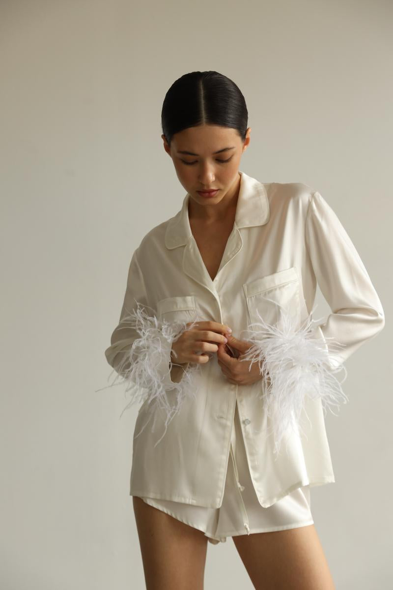 white silk pajama dress All Nighter Satin + Feathers Sleep Dress