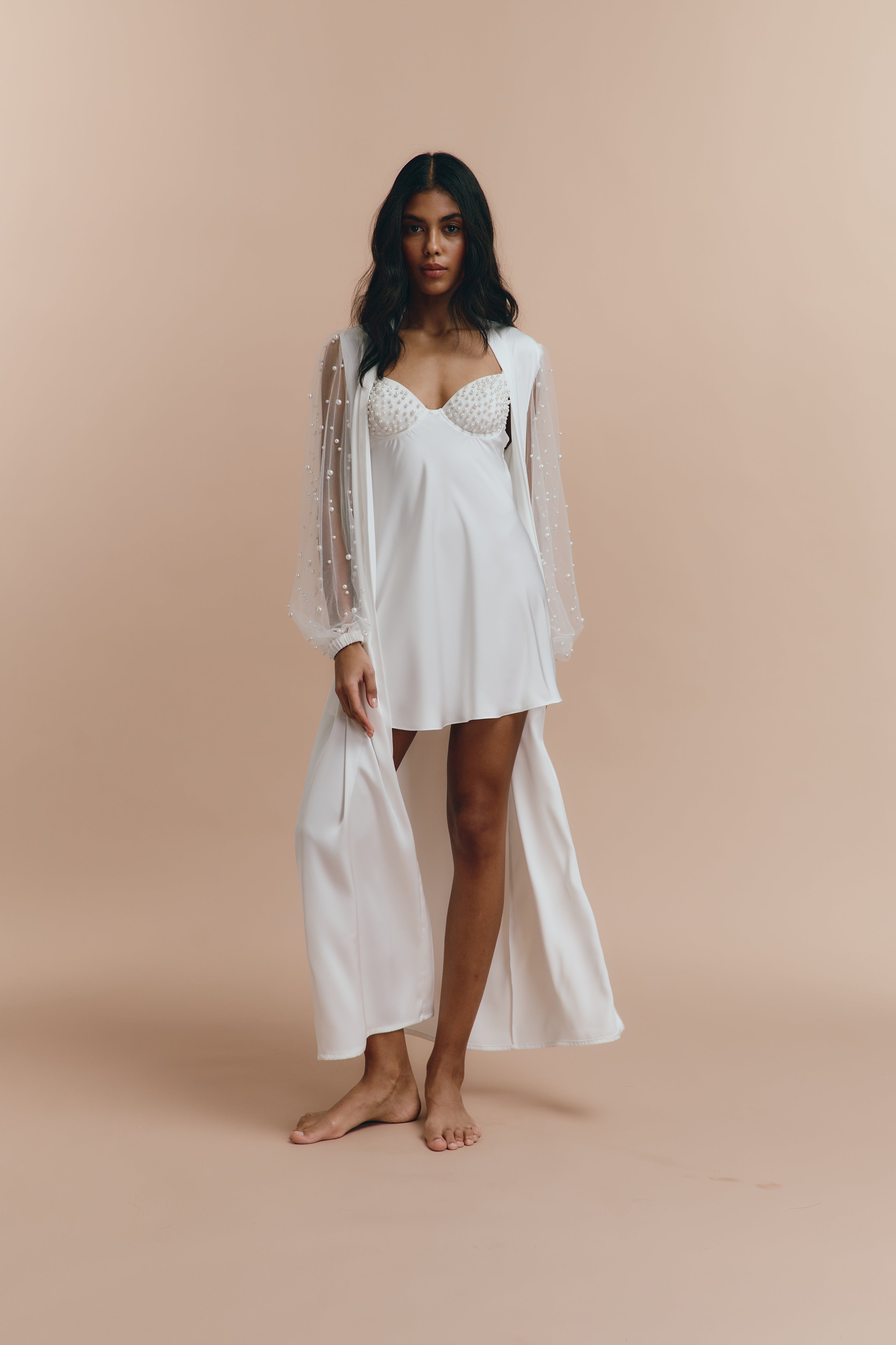Cassidy White Bridal Robe with Pearl Sleeves | TheRobe L Cassidy White Bridal Robe with Pearl Sleeves | TheRobe L