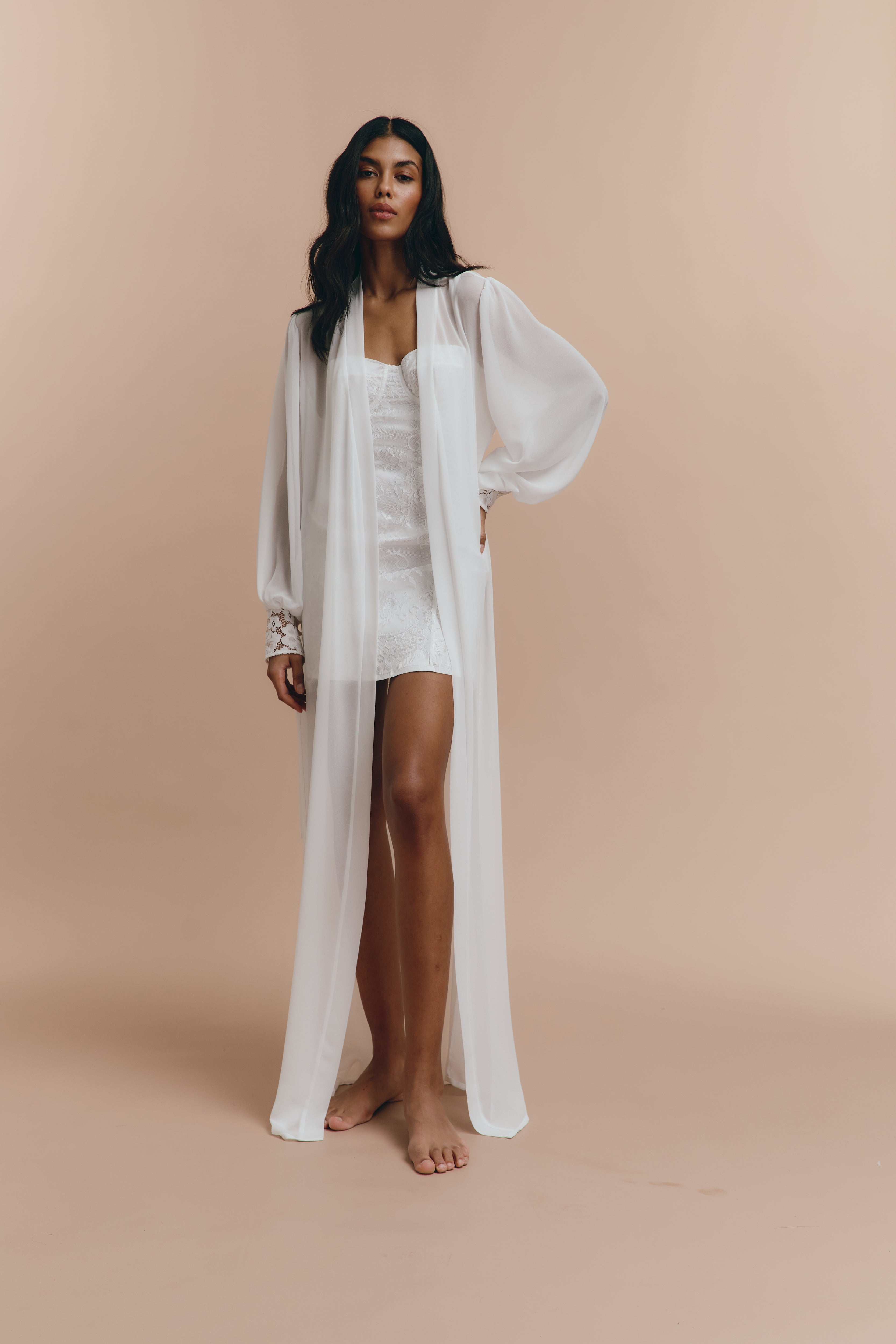 White Chiffon Robe with French Lace - wedding Long Bridal Robe | therobeua L White Chiffon Robe with French Lace - wedding Long Bridal Robe | therobeua L