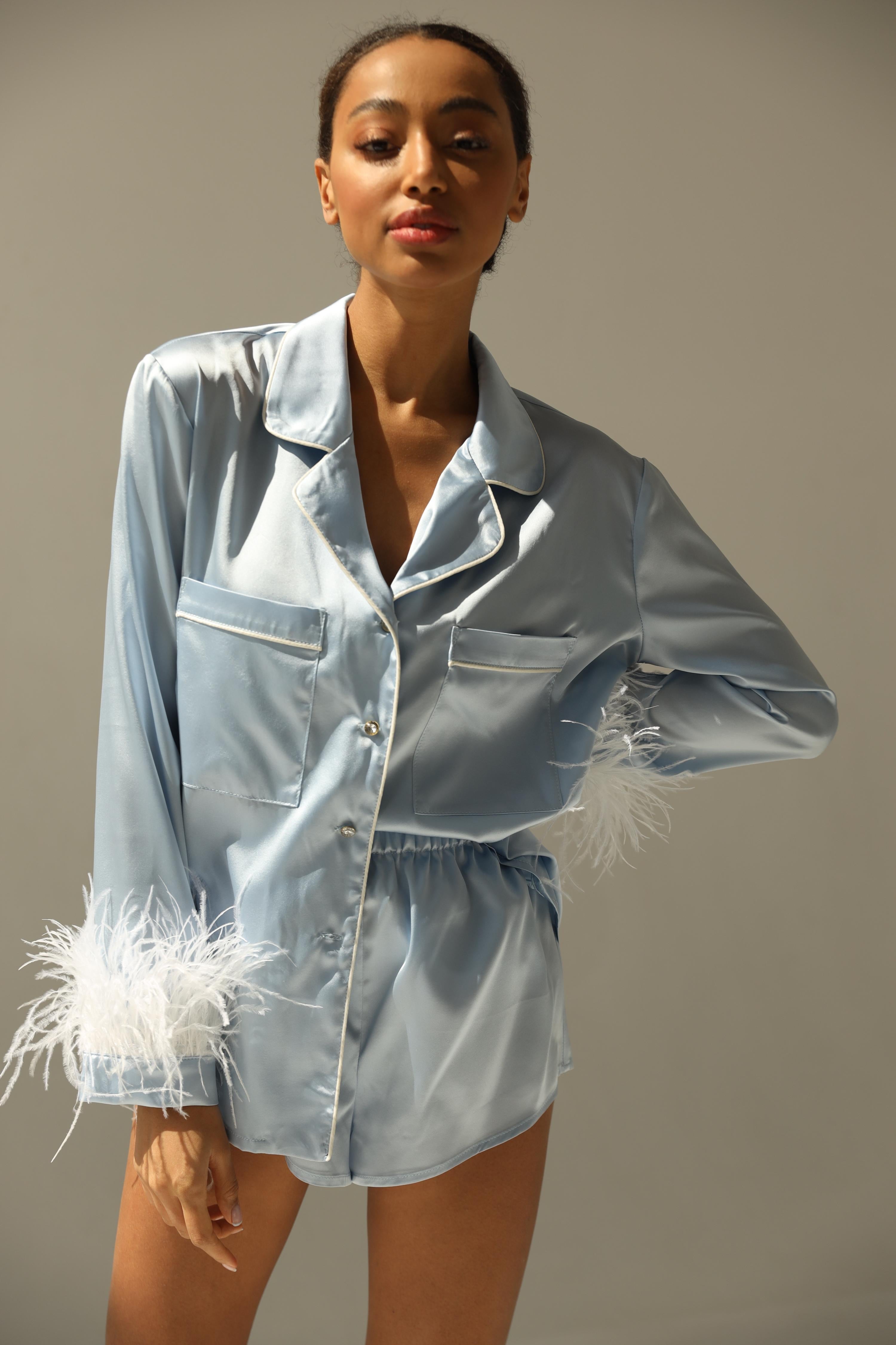 Blue Feather Pajama Set | Silk Sleepwear | TheRobe The Robe Blue Feather Pajama Set | Silk Sleepwear | TheRobe The Robe