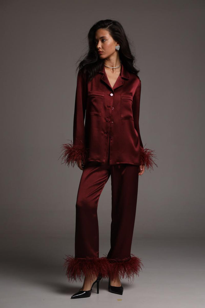 Pajama set - Burgundy feathers with pants