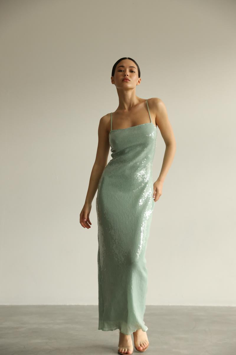 mint sequin dress Wendale Mint Sequin Plunging Mermaid Maxi Dress XS / 2