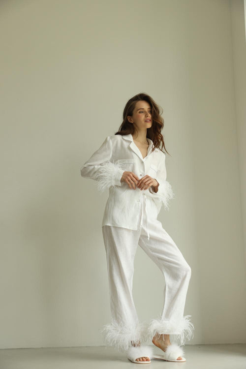 Pajama set - Linen white feather with pants