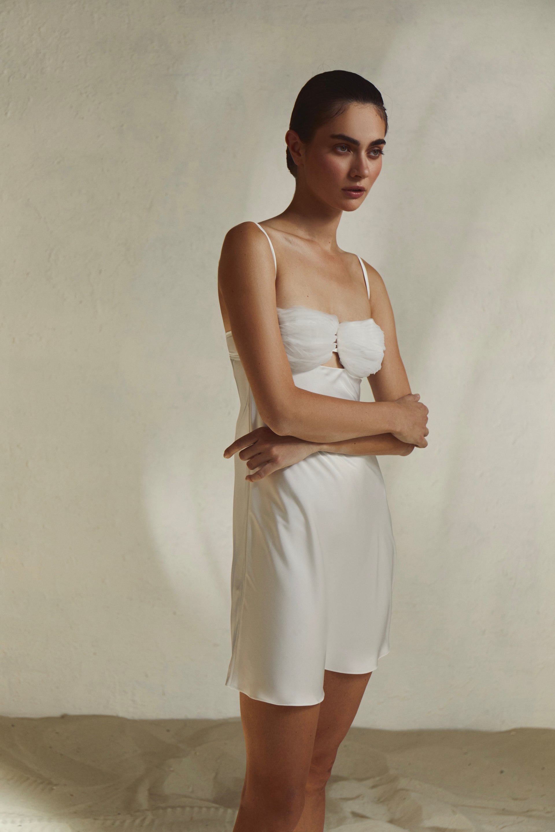 White Satin Slip Dress with Seafoam Bra - Lilly Bridal Dress