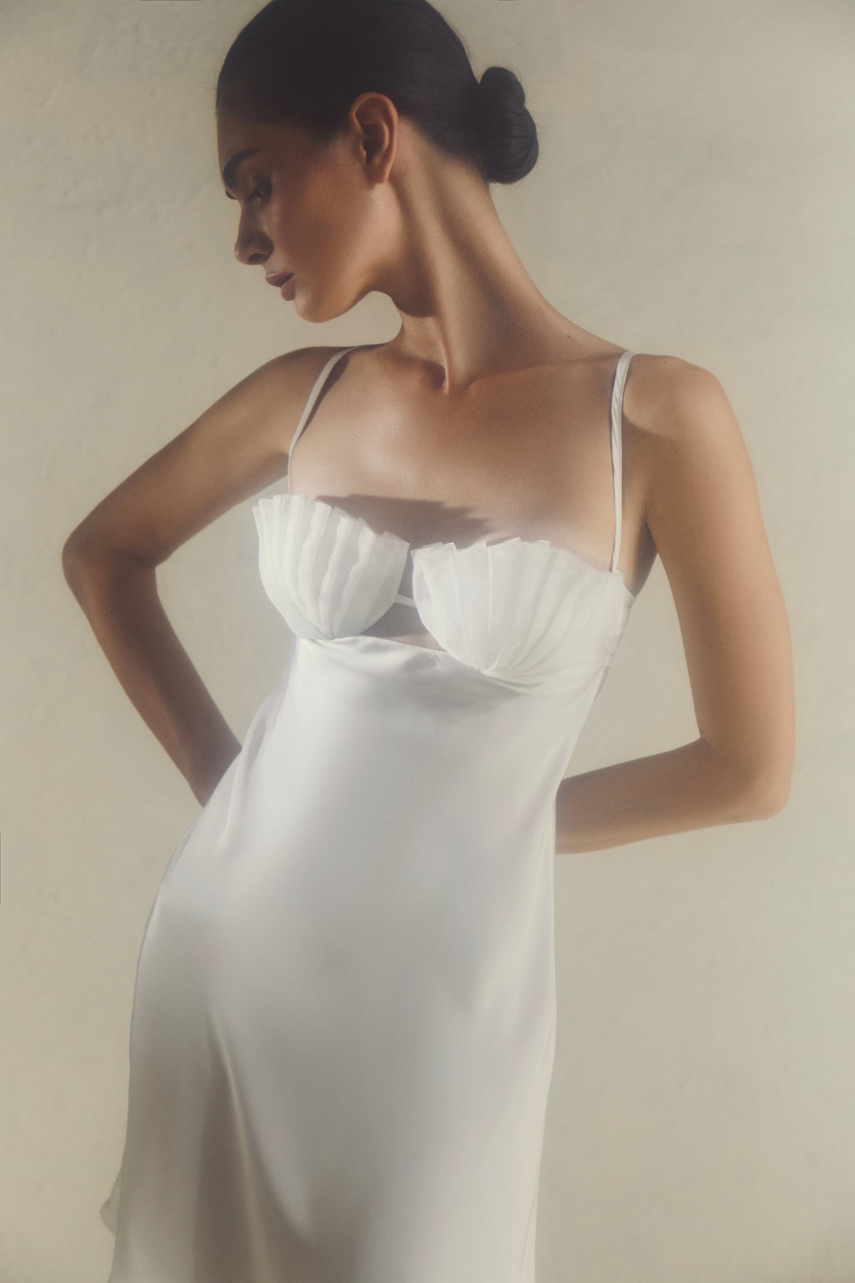 bra slip dress White Satin with Seashell - Doris Bridal Dress in padding Color:Deep Brown Sweetly Styled Smocked Tiered Laurel Canyon