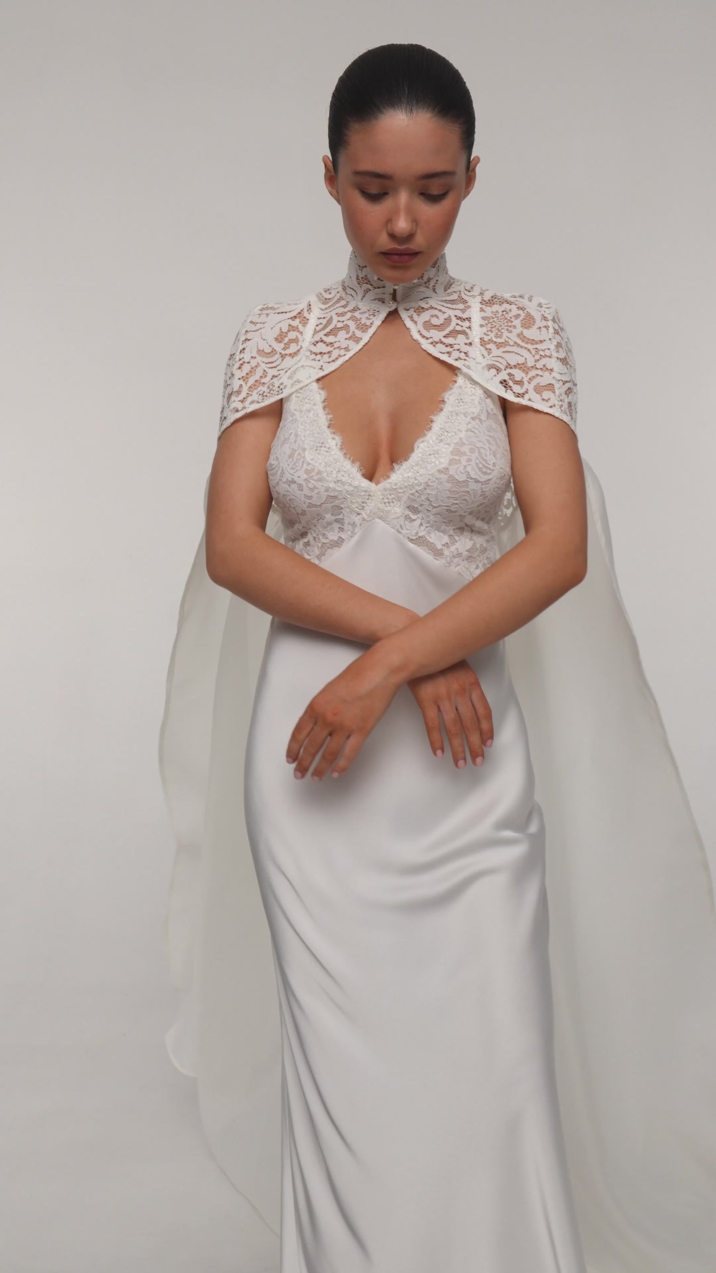 Bridal slip dress with lace cape – vintage inspired wedding look by The Robe