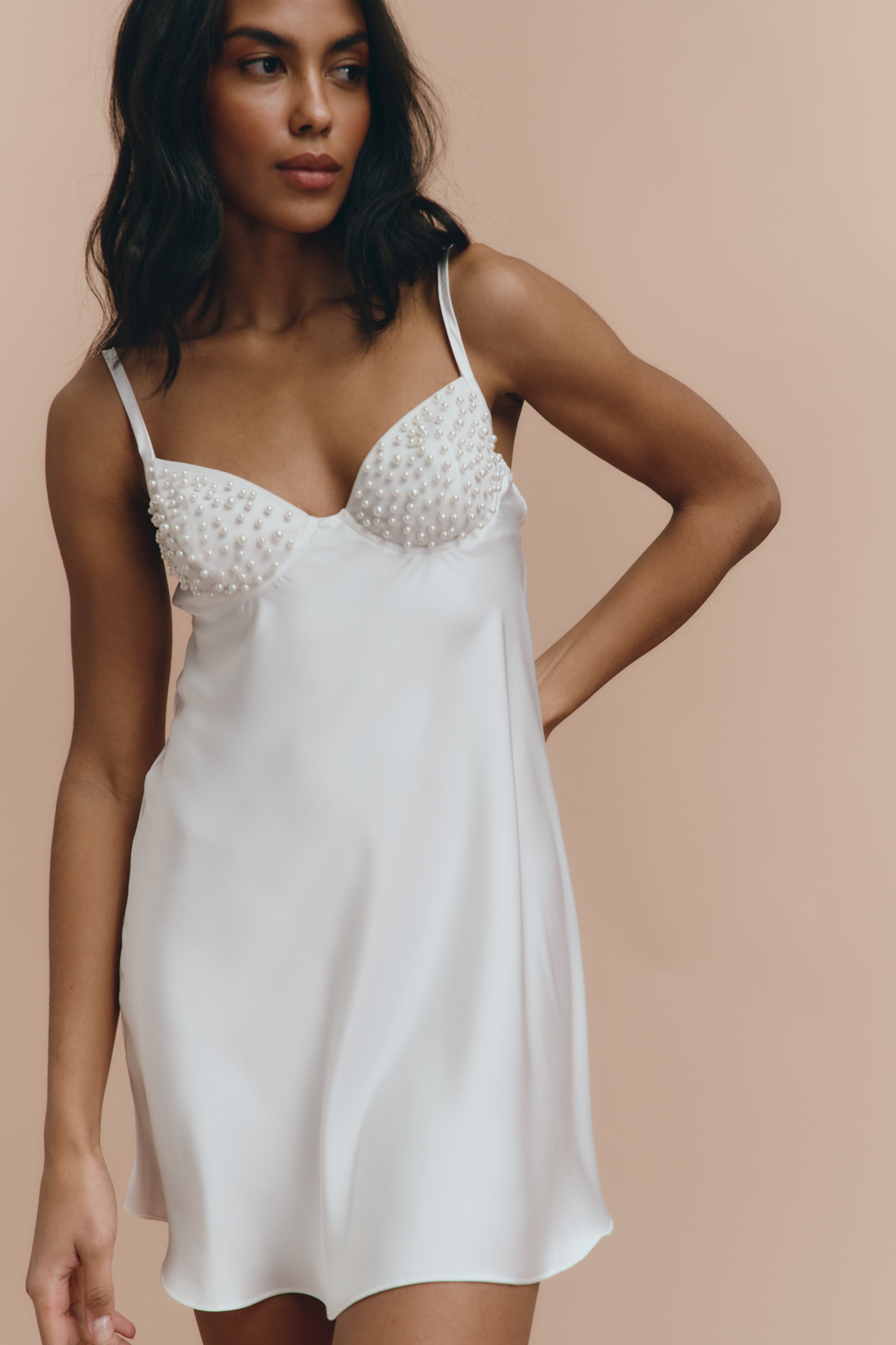 White Satin Slip Dress with Pearl Details - Cassidy Bridal Dress