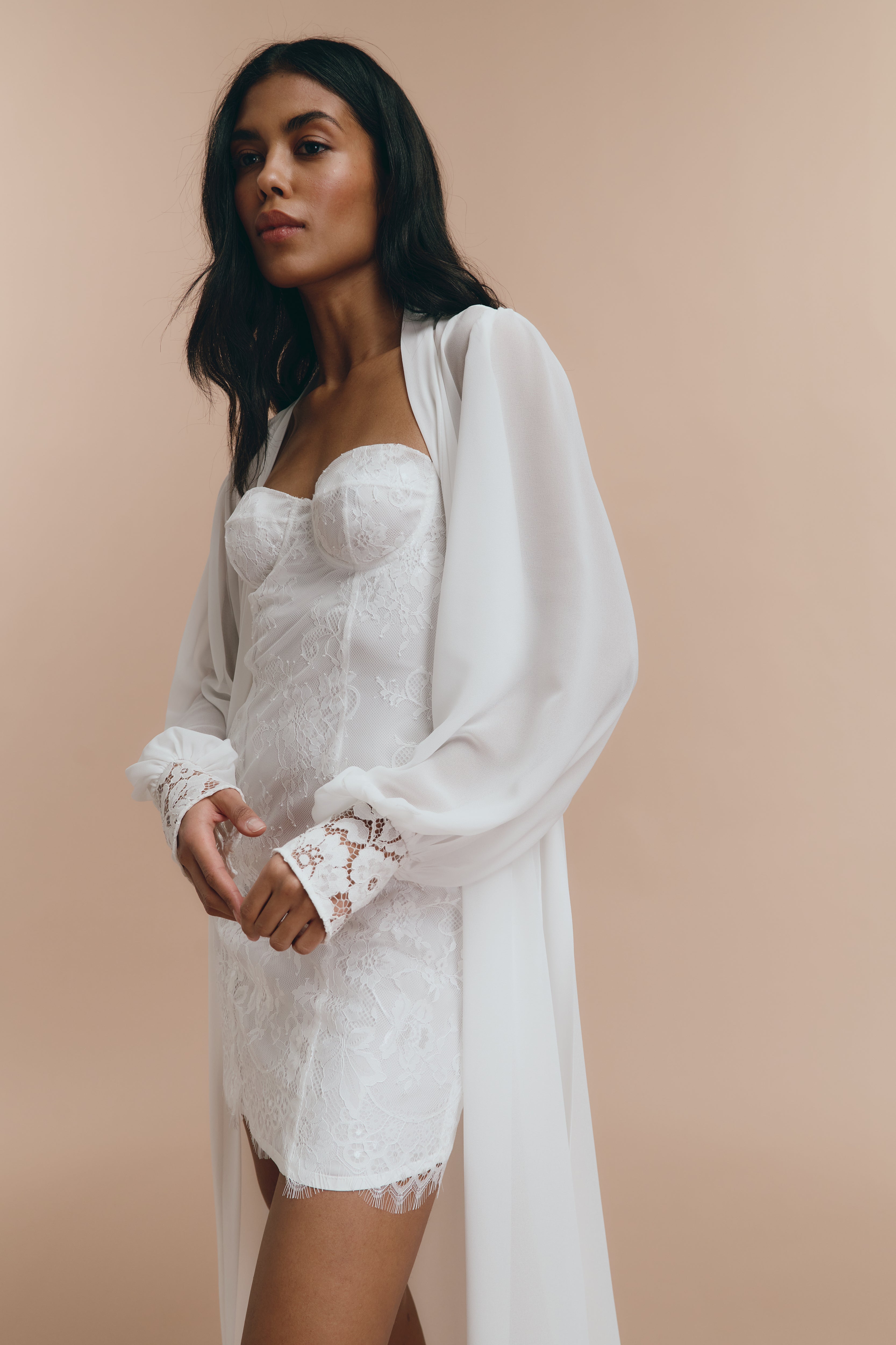 White Chiffon Robe with French Lace - wedding Long Bridal Robe | therobeua L White Chiffon Robe with French Lace - wedding Long Bridal Robe | therobeua L