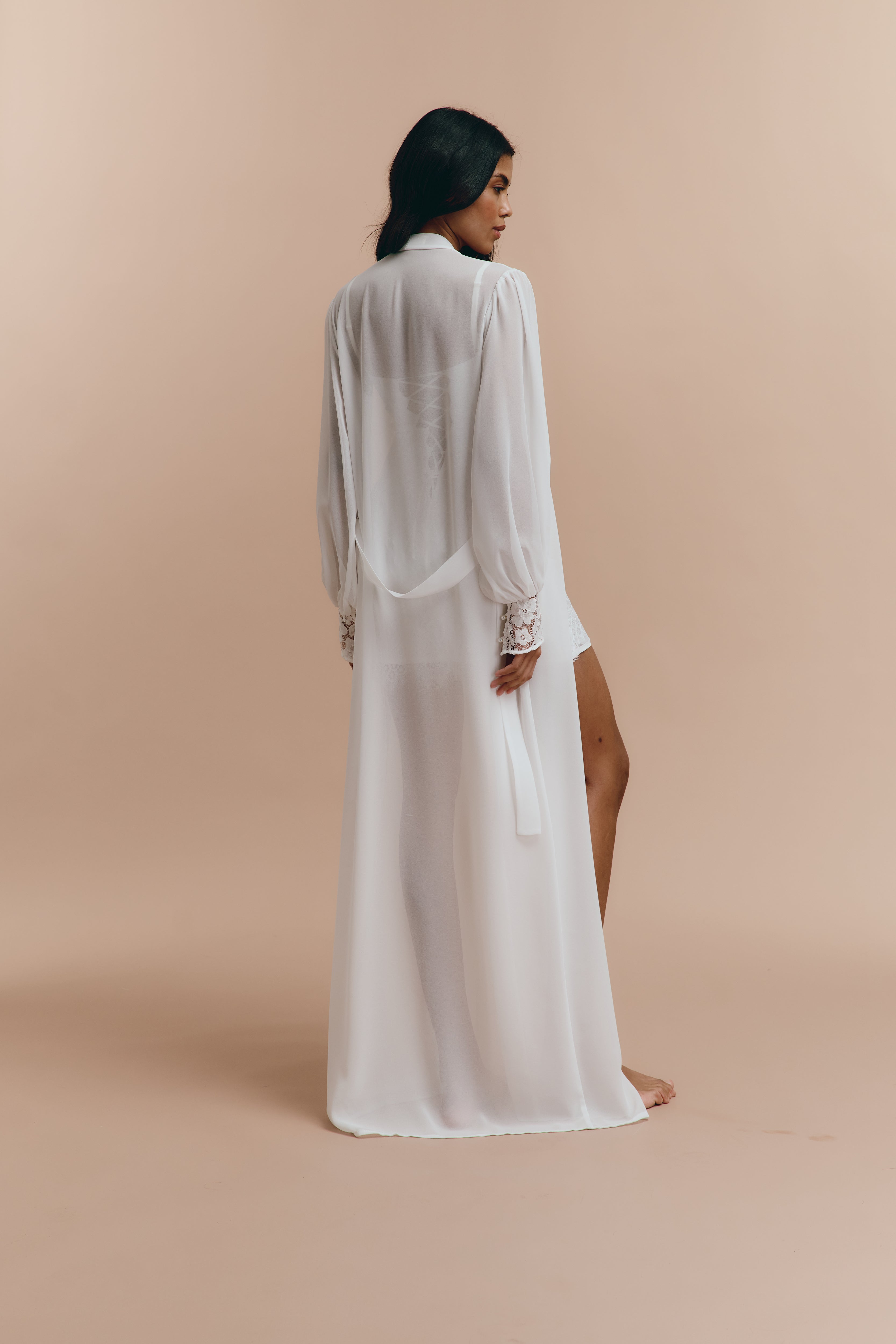 White Chiffon Robe with French Lace - wedding Long Bridal Robe | therobeua L White Chiffon Robe with French Lace - wedding Long Bridal Robe | therobeua L