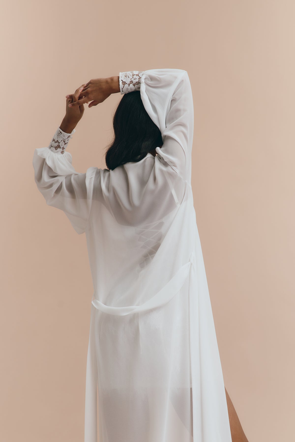 French Robe White Chiffon Robe with French Lace - wedding Long Bridal Robe ...
