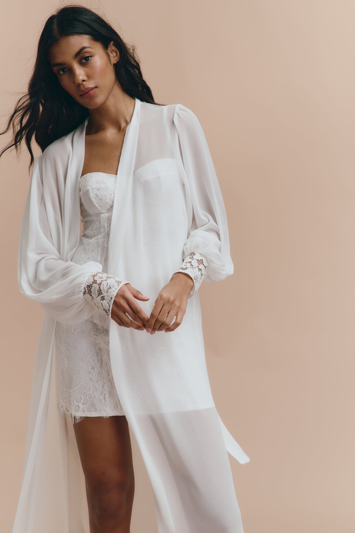 White Shoulder Robe White Chiffon Robe with French Lace - wedding Long Bridal Robe ...