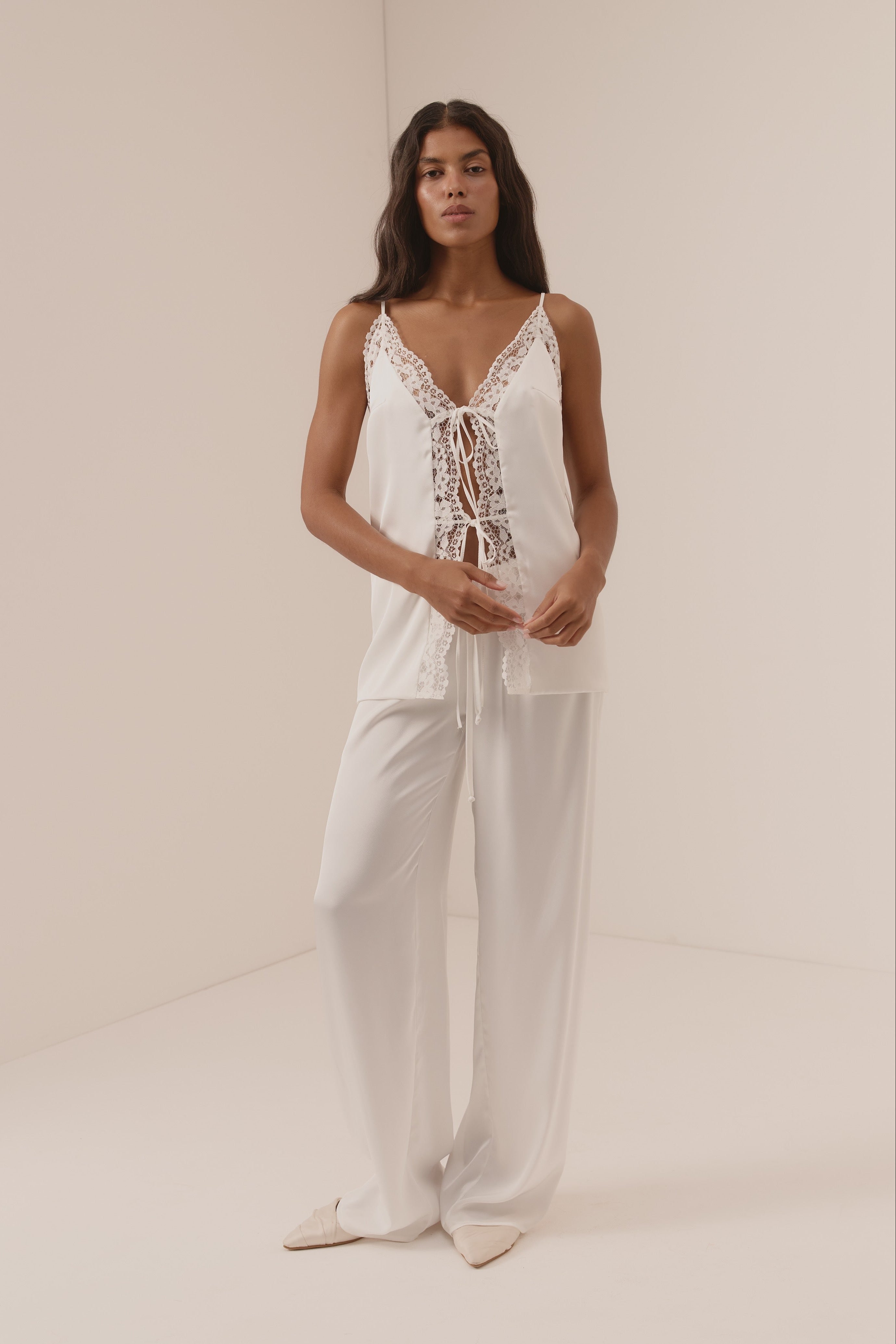 White Satin Silk Pajama Set with Lace - Bridal PJs with Pants